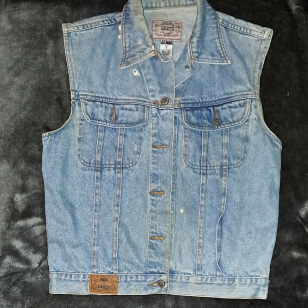 Gitano Vintage Distressed Denim Sleeveless Vest Small Adjustable Waist
